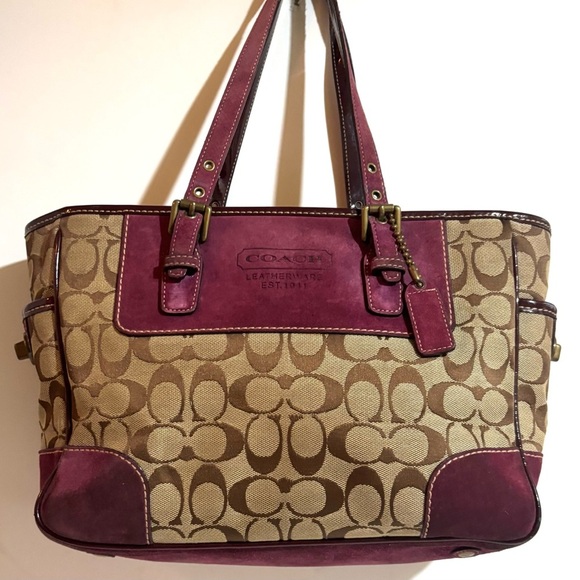 Coach vintage Signature Canvas / leather suede Shoulder Bag - Pink and Tan - Picture 8 of 12
